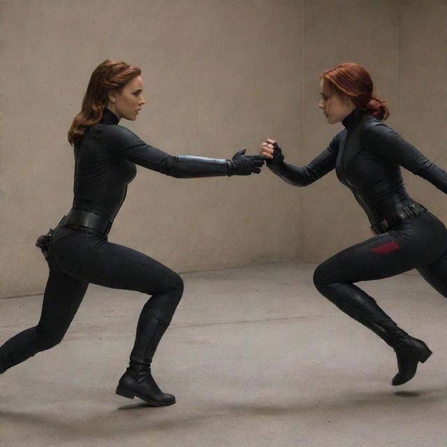 Scarlett Johansson, in her Black Widow attire, going toe-to-toe with Daredevil in a dynamic and intense combat scene, both exhibiting their superhero attributes.