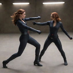 Scarlett Johansson, in her Black Widow attire, going toe-to-toe with Daredevil in a dynamic and intense combat scene, both exhibiting their superhero attributes.