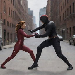 Scarlett Johansson, in her Black Widow attire, going toe-to-toe with Daredevil in a dynamic and intense combat scene, both exhibiting their superhero attributes.