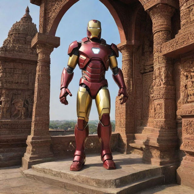 Ironman in his iconic armor, respectfully sweeping an intricately decorated Ayodhya temple with ornate carvings and sculptures, under a radiant Indian sun.