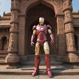 Ironman in his iconic armor, respectfully sweeping an intricately decorated Ayodhya temple with ornate carvings and sculptures, under a radiant Indian sun.