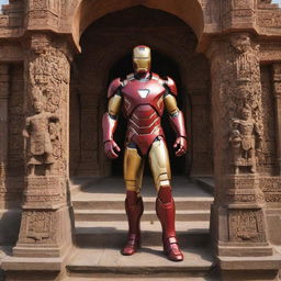 Ironman in his iconic armor, respectfully sweeping an intricately decorated Ayodhya temple with ornate carvings and sculptures, under a radiant Indian sun.