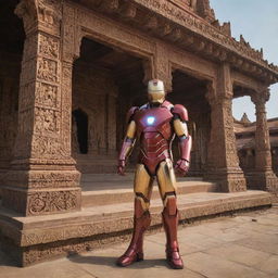 Ironman in his iconic armor, respectfully sweeping an intricately decorated Ayodhya temple with ornate carvings and sculptures, under a radiant Indian sun.