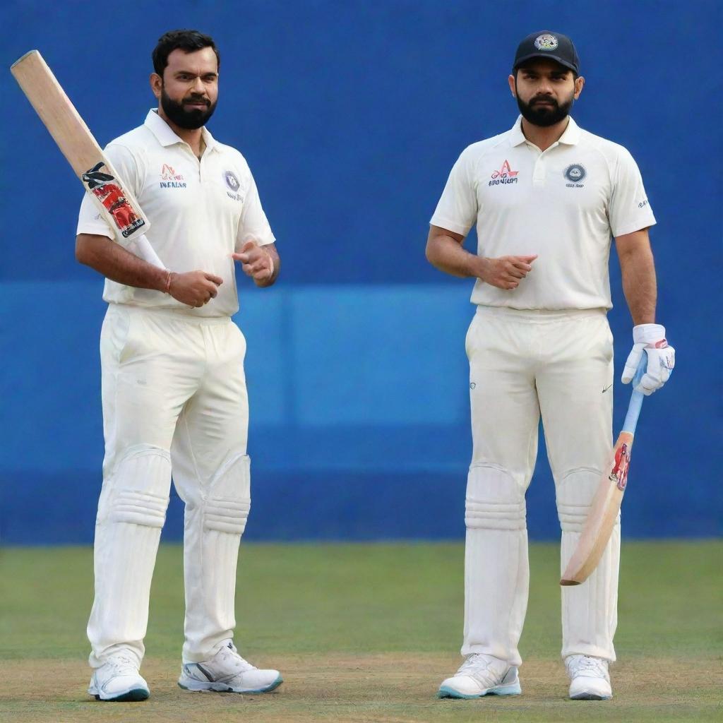 Rohit Sharma and Virat Kohli in batting stances, set against the backdrop of the dynamic audio spectrum graphics representing the Salar audio.