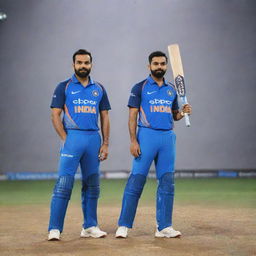 Rohit Sharma and Virat Kohli in batting stances, set against the backdrop of the dynamic audio spectrum graphics representing the Salar audio.