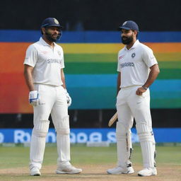 Rohit Sharma and Virat Kohli in batting stances, set against the backdrop of the dynamic audio spectrum graphics representing the Salar audio.