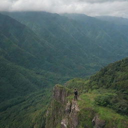 An individual standing on a mountain cliff, overlooking a limitless expanse of lush greenery