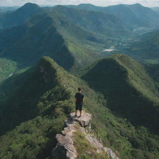 An individual standing on a mountain cliff, overlooking a limitless expanse of lush greenery