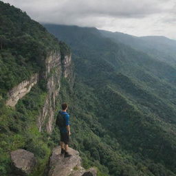 An individual standing on a mountain cliff, overlooking a limitless expanse of lush greenery