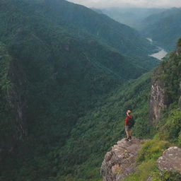 An individual standing on a mountain cliff, overlooking a limitless expanse of lush greenery