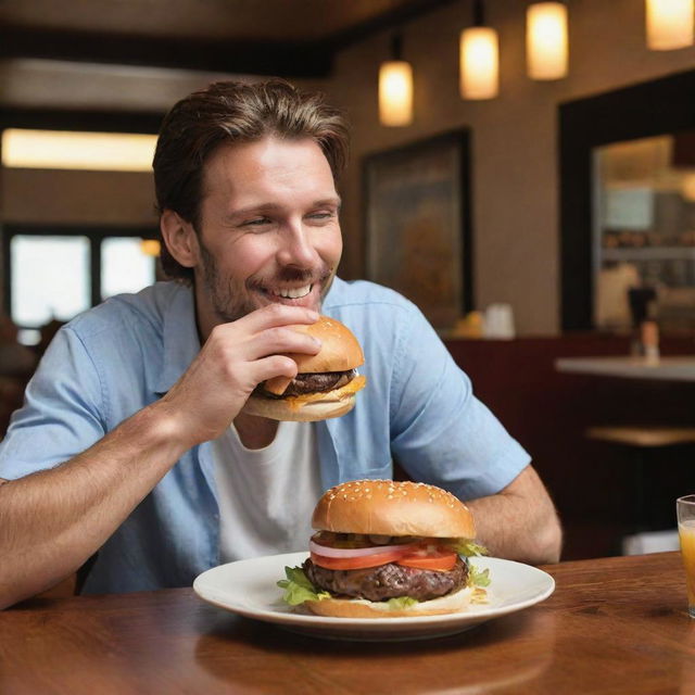 A contented man indulging in a tantalizing hamburger, vivid and rich details enhance the experience of enjoyment.