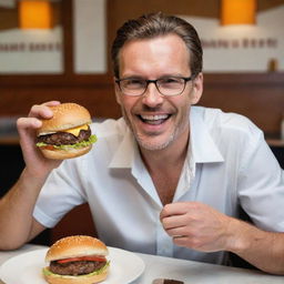 A contented man indulging in a tantalizing hamburger, vivid and rich details enhance the experience of enjoyment.