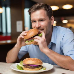 A contented man indulging in a tantalizing hamburger, vivid and rich details enhance the experience of enjoyment.