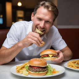 A contented man indulging in a tantalizing hamburger, vivid and rich details enhance the experience of enjoyment.