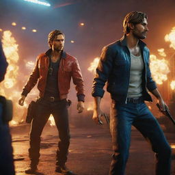 A high-intensity scene from the video game 'Free Fire', enhanced with vibrant colors, dramatic lighting, and detailed character designs.