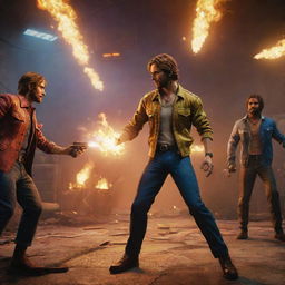 A high-intensity scene from the video game 'Free Fire', enhanced with vibrant colors, dramatic lighting, and detailed character designs.