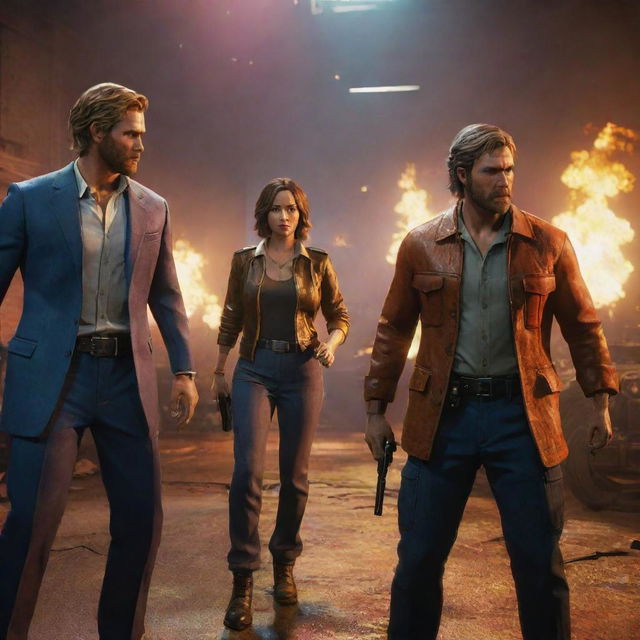 A high-intensity scene from the video game 'Free Fire', enhanced with vibrant colors, dramatic lighting, and detailed character designs.