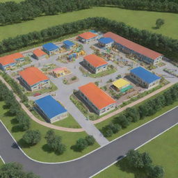 A comprehensive building layout on a 100x100 piece of land featuring a daycare, pre-nursery, nursery, primary school, office, staff room, store, and a playground. Each area meticulously designed for its specific function.