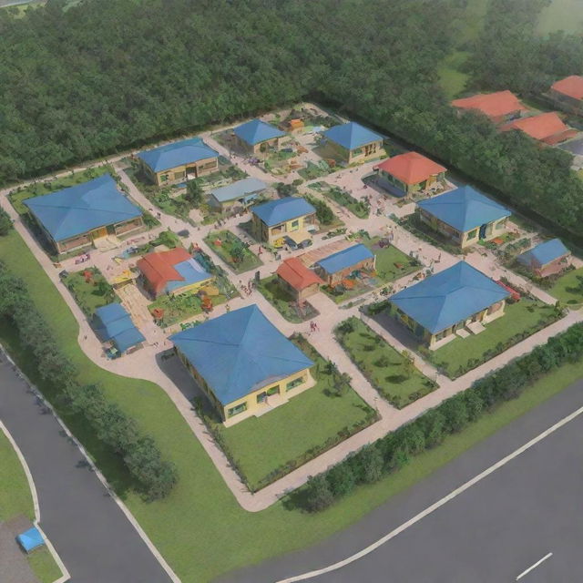 A comprehensive building layout on a 100x100 piece of land featuring a daycare, pre-nursery, nursery, primary school, office, staff room, store, and a playground. Each area meticulously designed for its specific function.