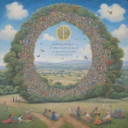 A peaceful landscape depicting individuals of different cultures coexisting and working together with the words 'Embrace Peace, Cultivate Harmony – No Room for War' in the sky.