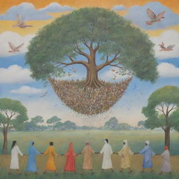 A peaceful landscape depicting individuals of different cultures coexisting and working together with the words 'Embrace Peace, Cultivate Harmony – No Room for War' in the sky.