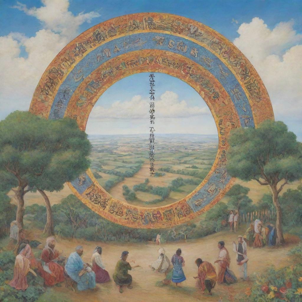 A peaceful landscape depicting individuals of different cultures coexisting and working together with the words 'Embrace Peace, Cultivate Harmony – No Room for War' in the sky.