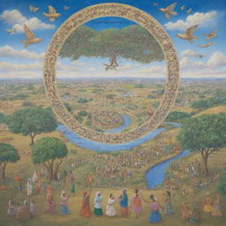 A peaceful landscape depicting individuals of different cultures coexisting and working together with the words 'Embrace Peace, Cultivate Harmony – No Room for War' in the sky.