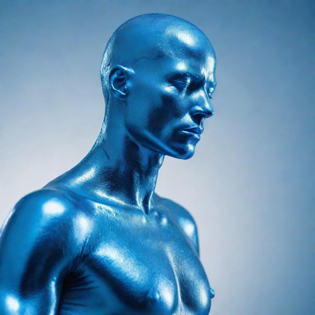 A futuristic blue man with metallic texture in a serene pose