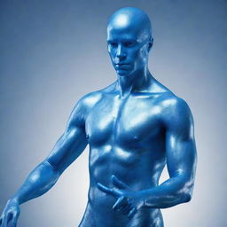 A futuristic blue man with metallic texture in a serene pose