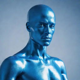 A futuristic blue man with metallic texture in a serene pose