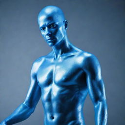 A futuristic blue man with metallic texture in a serene pose