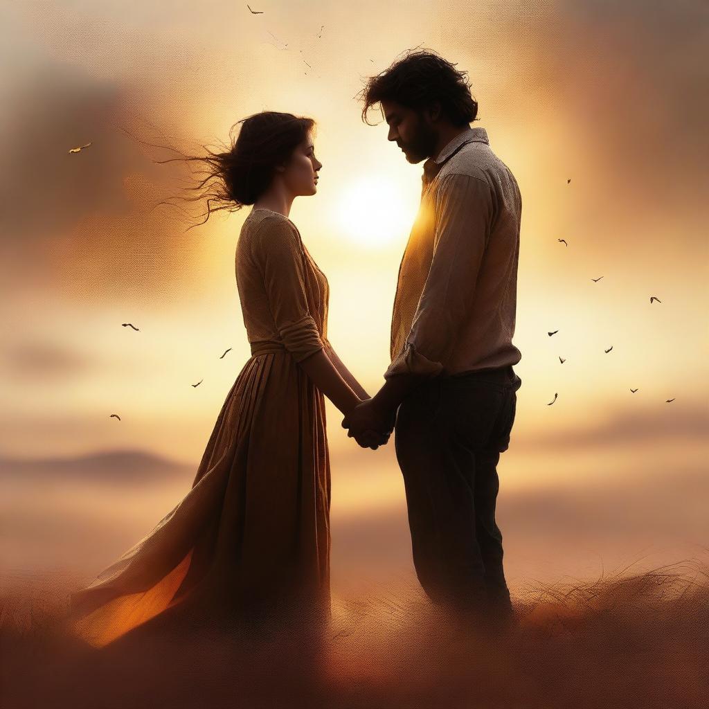 A digital art piece depicting a romantic scene set in a dusty, windswept landscape