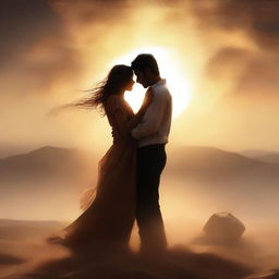 A digital art piece depicting a romantic scene set in a dusty, windswept landscape