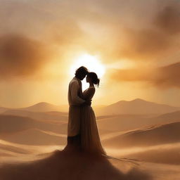 A digital art piece depicting a romantic scene set in a dusty, windswept landscape