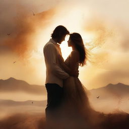 A digital art piece depicting a romantic scene set in a dusty, windswept landscape