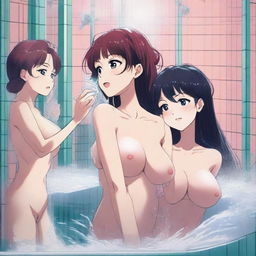 An illustration of anime-style women in a shower scene, drawn with high-quality details and vibrant colors