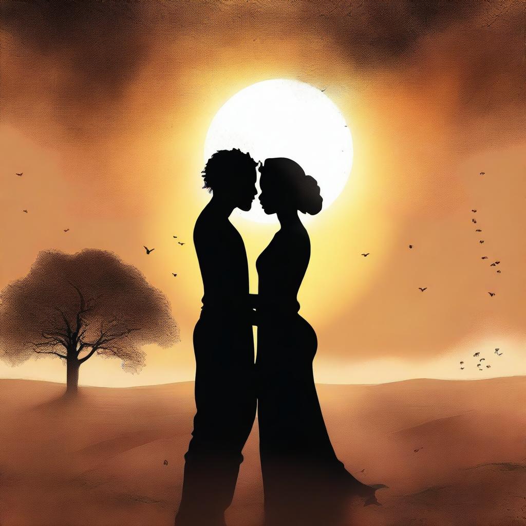 A high-quality digital art piece showcasing a romantic scene set in a dusty landscape, with two Black or African characters as the focal point