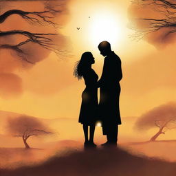 A high-quality digital art piece showcasing a romantic scene set in a dusty landscape, with two Black or African characters as the focal point