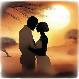 A high-quality digital art piece showcasing a romantic scene set in a dusty landscape, with two Black or African characters as the focal point