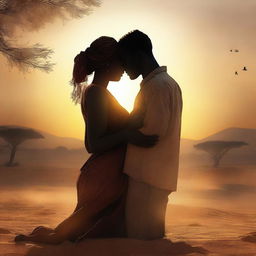 A high-quality digital art piece showcasing a romantic scene set in a dusty landscape, with two Black or African characters as the focal point