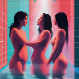 A tastefully created digital art piece featuring women in a shower scene