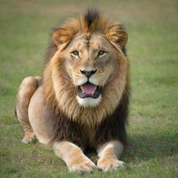 A majestic lion, usually a carnivore, unusually breaking its norms, nibbling on lush green grass in an open savanna.