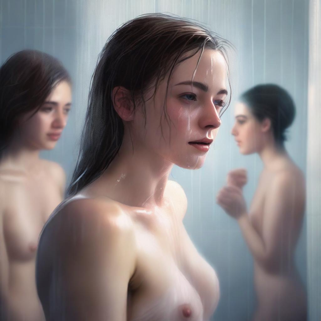 A digital painting of a realistic scene featuring 18-year-old women in a shower