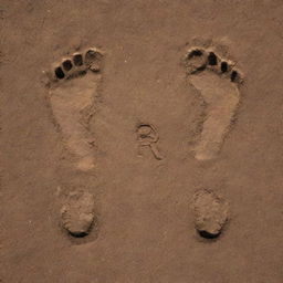 Two tiny, detailed footprints in soft soil, one intricately marked with the letter 'R' and the other with 'S', symbolizing a shared journey.