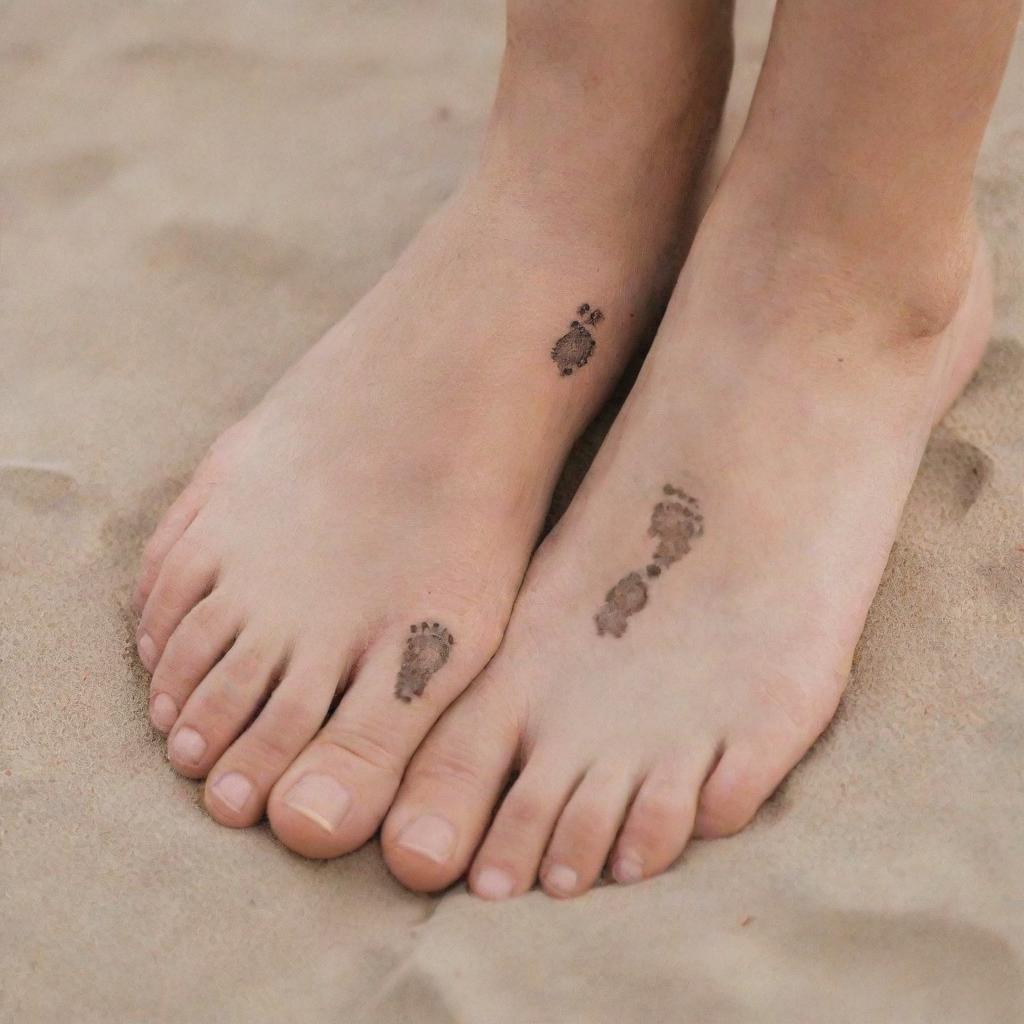 Two tiny, detailed footprints as a sleek tattoo design, one intricately marked with an 'R' and the other with 'S', symbolic of a shared journey.