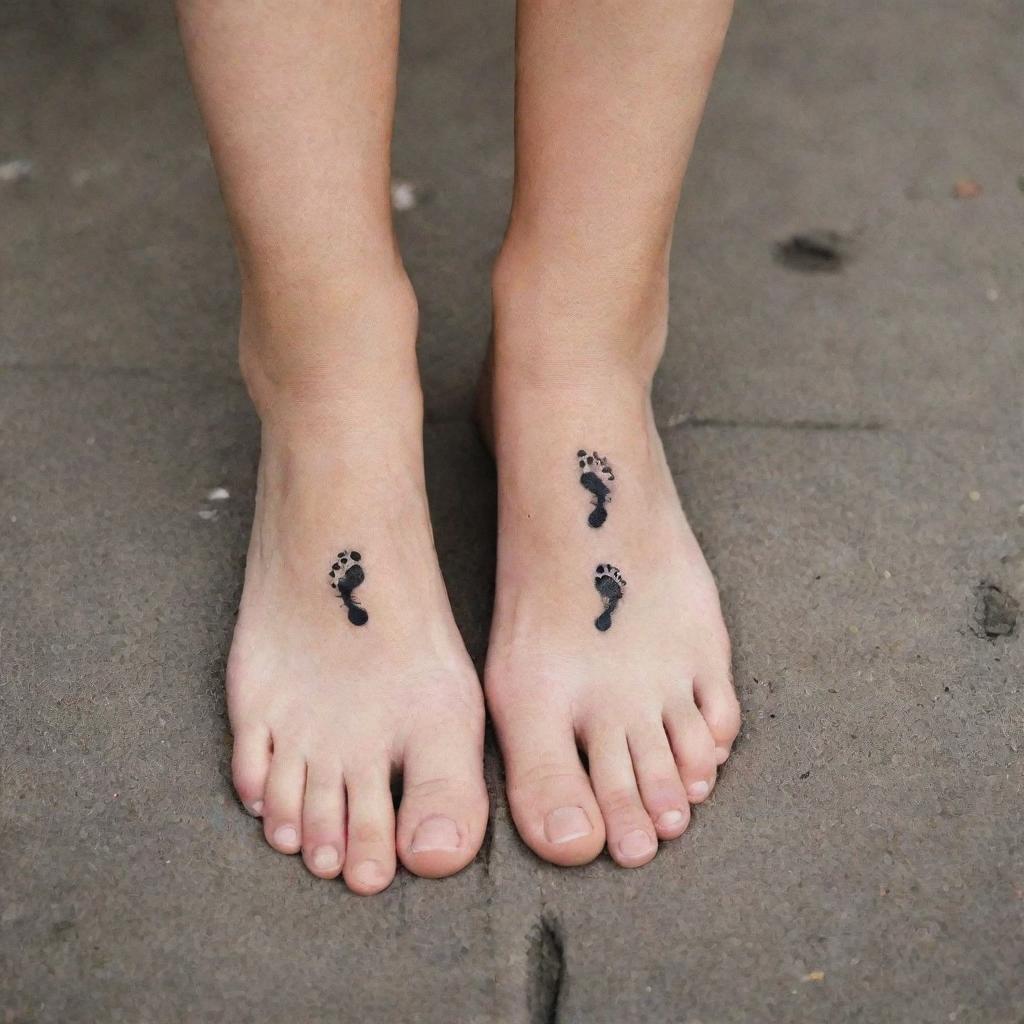 Two tiny, detailed footprints as a sleek tattoo design, one intricately marked with an 'R' and the other with 'S', symbolic of a shared journey.