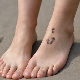 Two tiny, detailed footprints as a sleek tattoo design, one intricately marked with an 'R' and the other with 'S', symbolic of a shared journey.