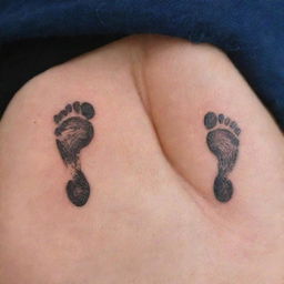 Two tiny, detailed footprints as a sleek tattoo design, one intricately marked with an 'R' and the other with 'S', symbolic of a shared journey.