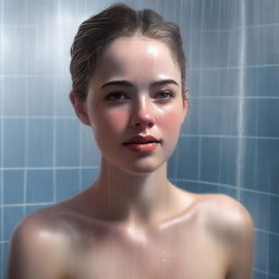 A hyper-realistic digital painting of an 18-year-old woman in a shower scene