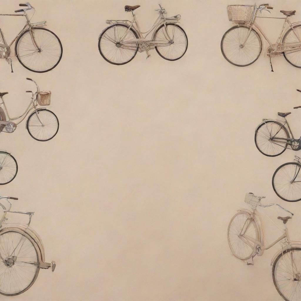 A beige-themed background, aesthetically decorated with bicycles adding vintage charm.